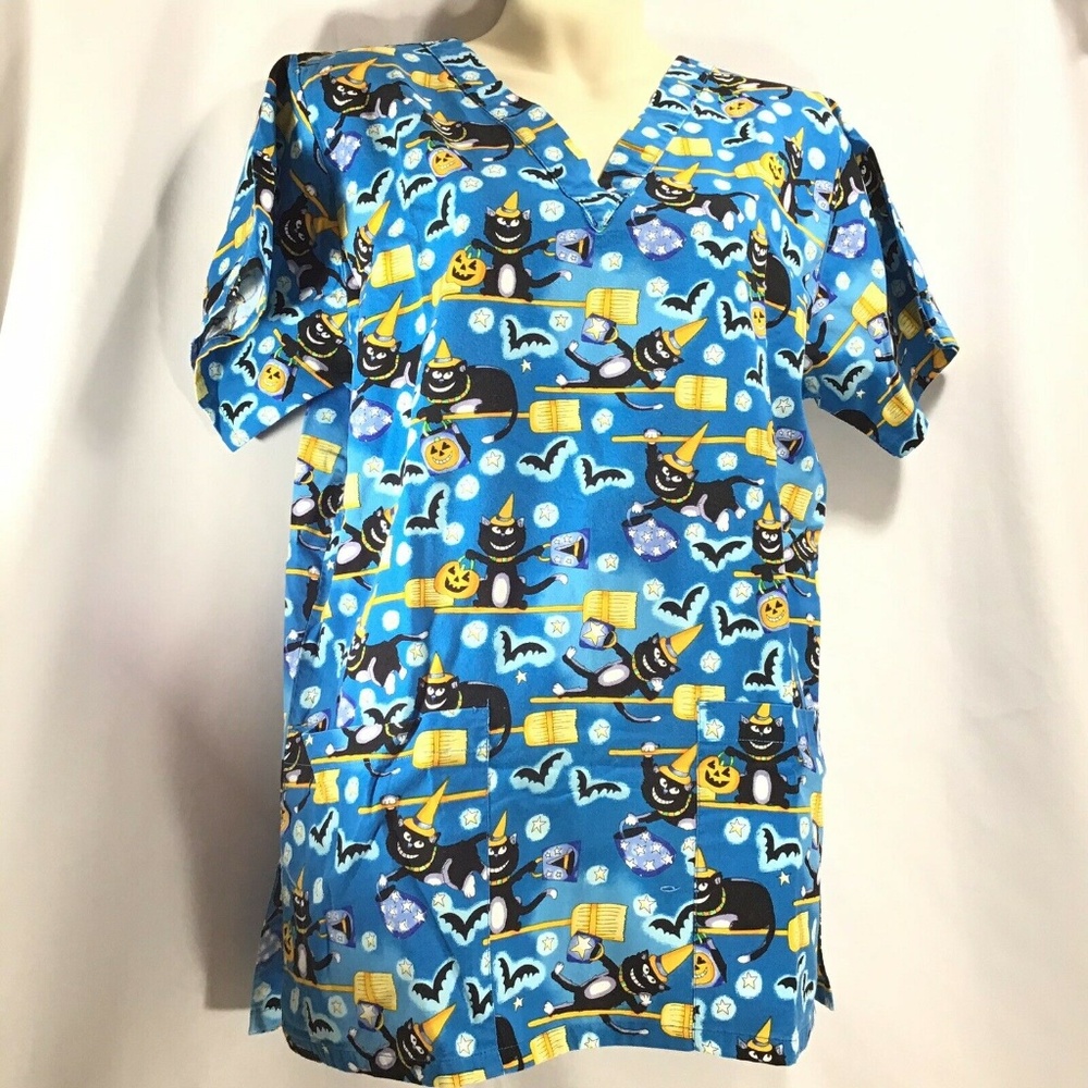 Halloween S Black Cats Brooms Bats Cotton  Scrubs